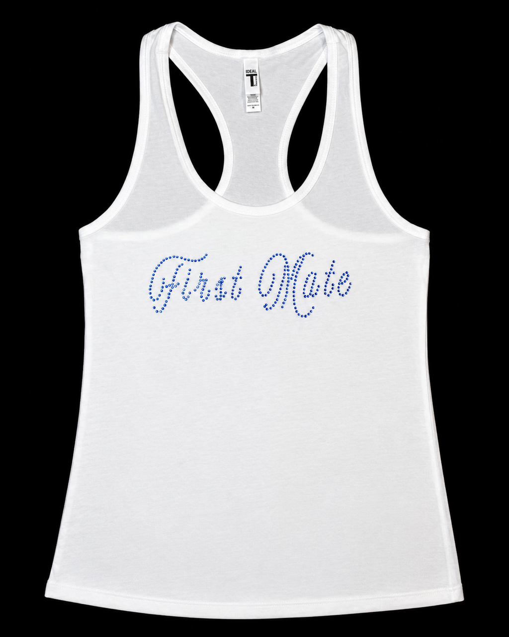 A white racerback tank top with 'First Mate' written across the chest in blue rhinestone-style lettering, shown against a solid black background.
