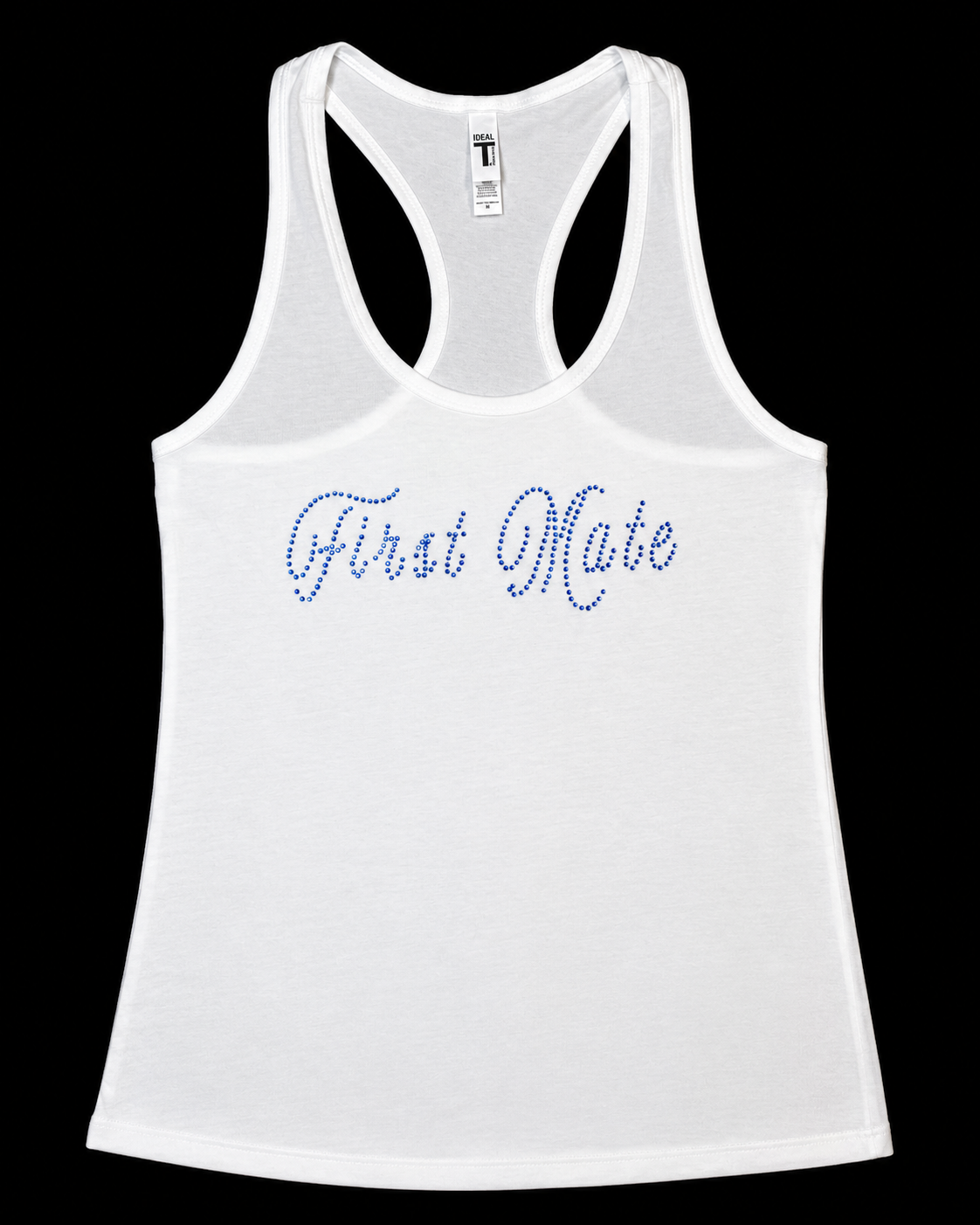 A white racerback tank top with 'First Mate' written across the chest in blue rhinestone-style lettering, shown against a solid black background.