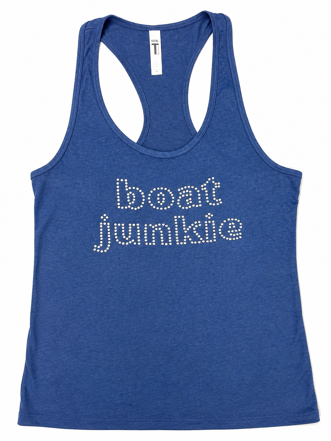 A heather blue racerback tank top with 'boat junkie' printed across the chest in white rhinestone-style lettering, shown on a plain white background.