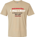 A beige crewneck t-shirt with a graphic text print on the chest that reads 'Retirement Plan: 1. Buy a Boat 2.