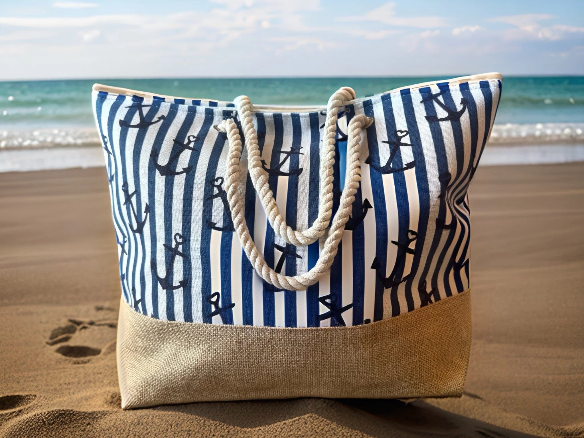 Anchor Print Canvas Tote Bag | Large Lake & Beach Bag