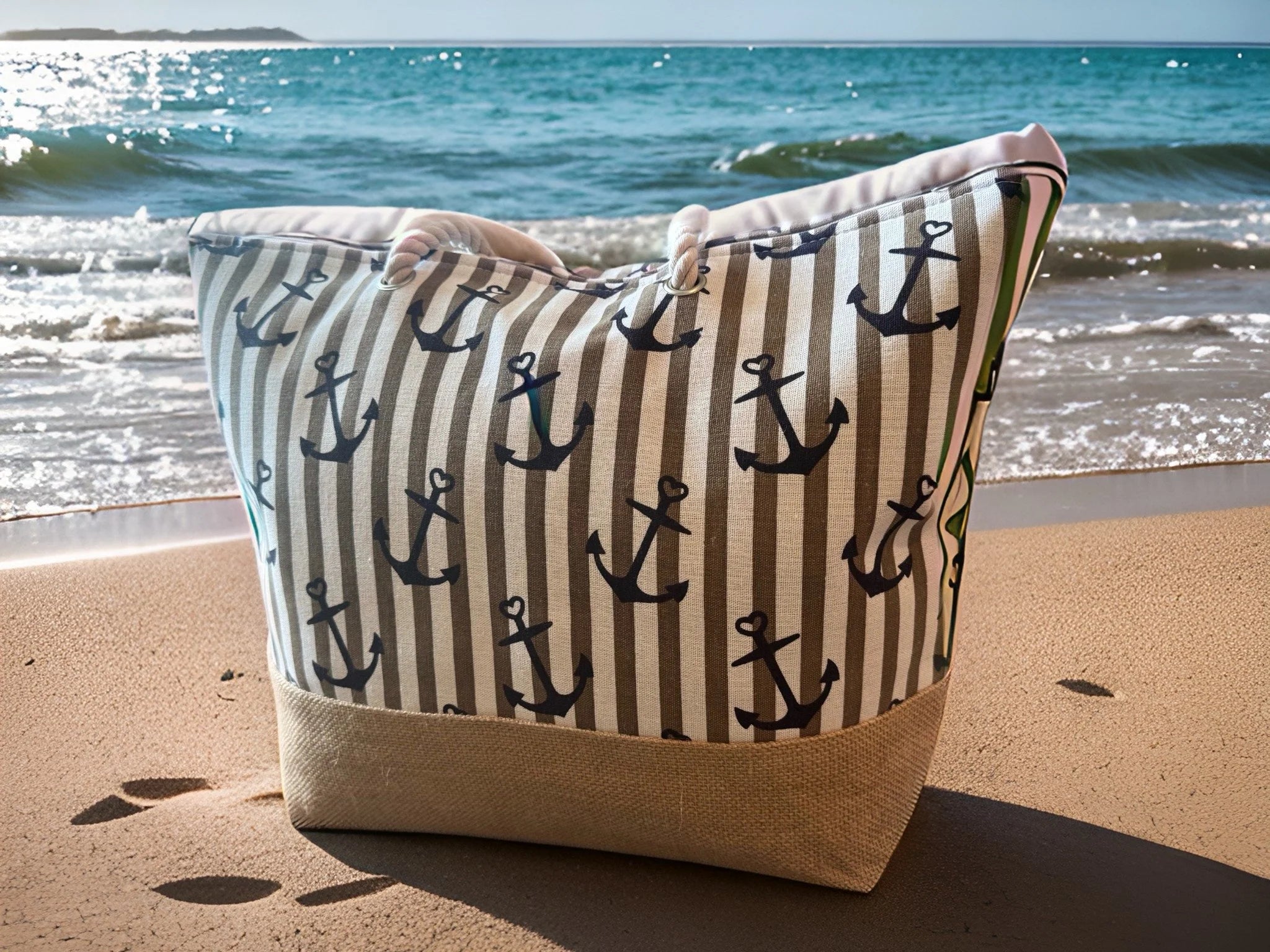 Anchor Print Canvas Tote Bag | Large Lake & Beach Bag