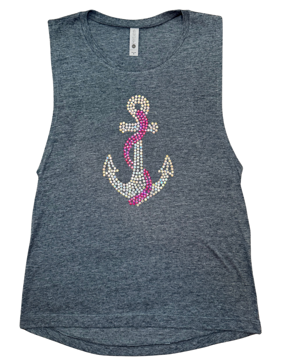 A heather gray sleeveless tank top featuring a large anchor graphic on the front, embellished with rhinestones in white, gold, and pink, set against a plain white background.