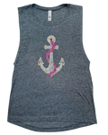 A heather gray sleeveless tank top featuring a large anchor graphic on the front, embellished with rhinestones in white, gold, and pink, set against a plain white background.