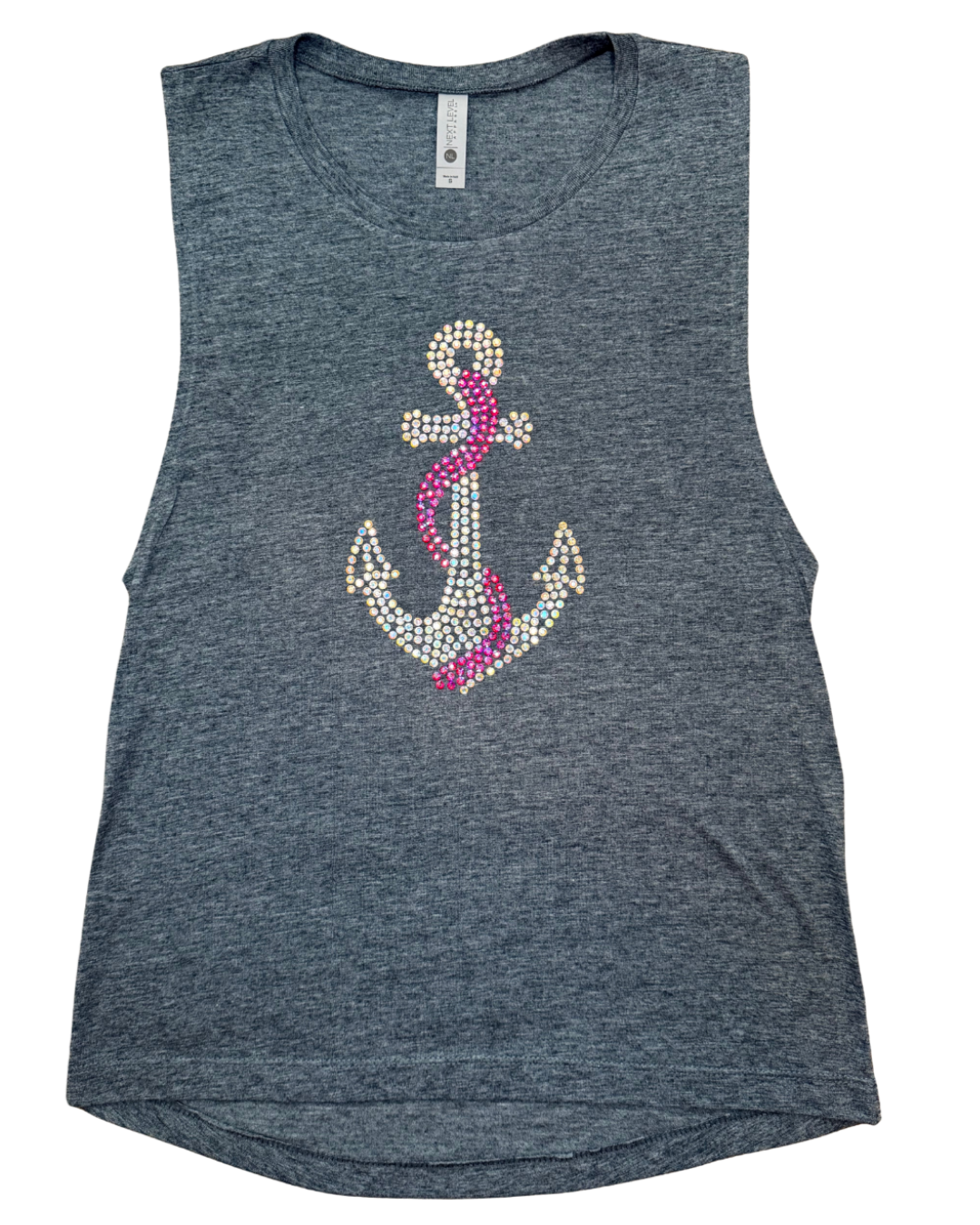 A heather gray sleeveless tank top featuring a large anchor graphic on the front, embellished with rhinestones in white, gold, and pink, set against a plain white background.