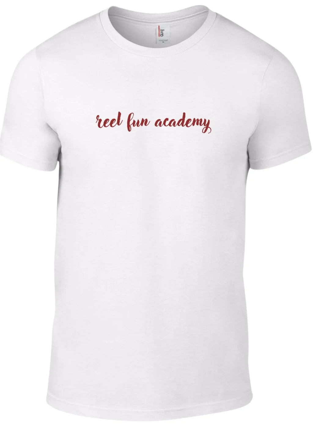 A white short-sleeve crewneck t-shirt with the phrase 'reel fun academy' printed across the chest in a dark red cursive font.