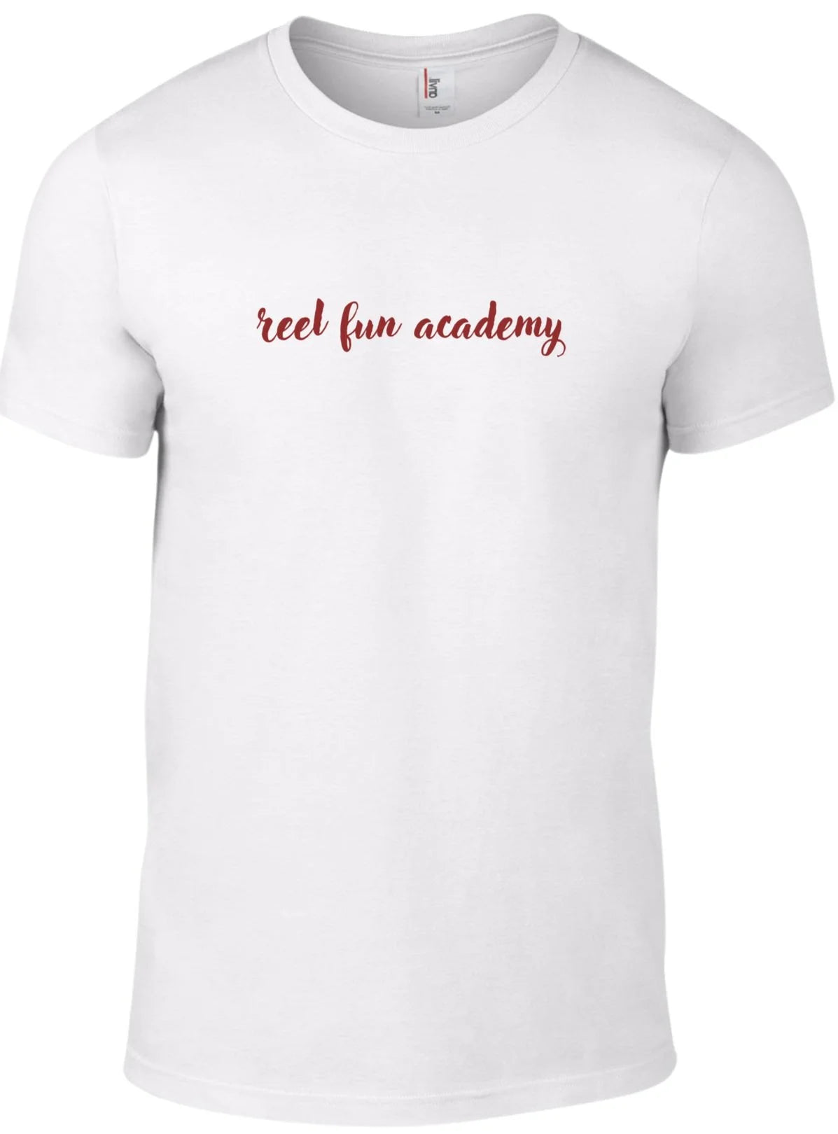 A white short-sleeve crewneck t-shirt with the phrase 'reel fun academy' printed across the chest in a dark red cursive font.