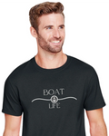 A smiling man wearing a black crewneck t-shirt with a white graphic that reads 'BOAT LIFE' and features an anchor motif, set against a plain white background.