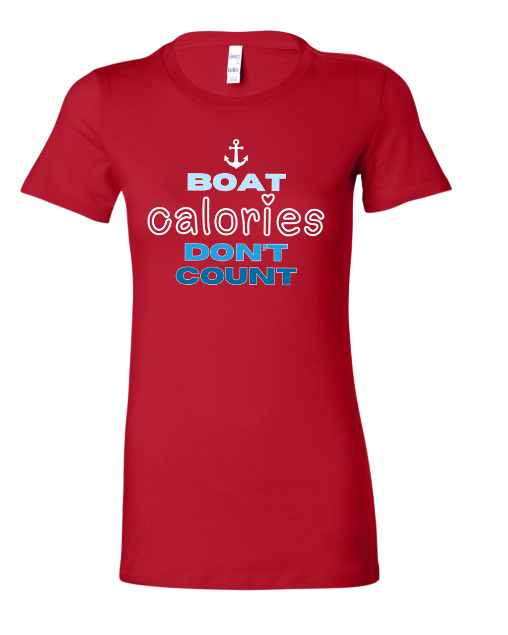 A red short-sleeve crewneck t-shirt with a graphic on the chest that reads 'BOAT calories DON'T COUNT' in white and blue lettering, accompanied by a small white anchor icon above. The shirt is displayed on a clean white background.