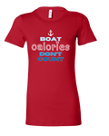 A red short-sleeve crewneck t-shirt with a graphic on the chest that reads 'BOAT calories DON'T COUNT' in white and blue lettering, accompanied by a small white anchor icon above. The shirt is displayed on a clean white background.