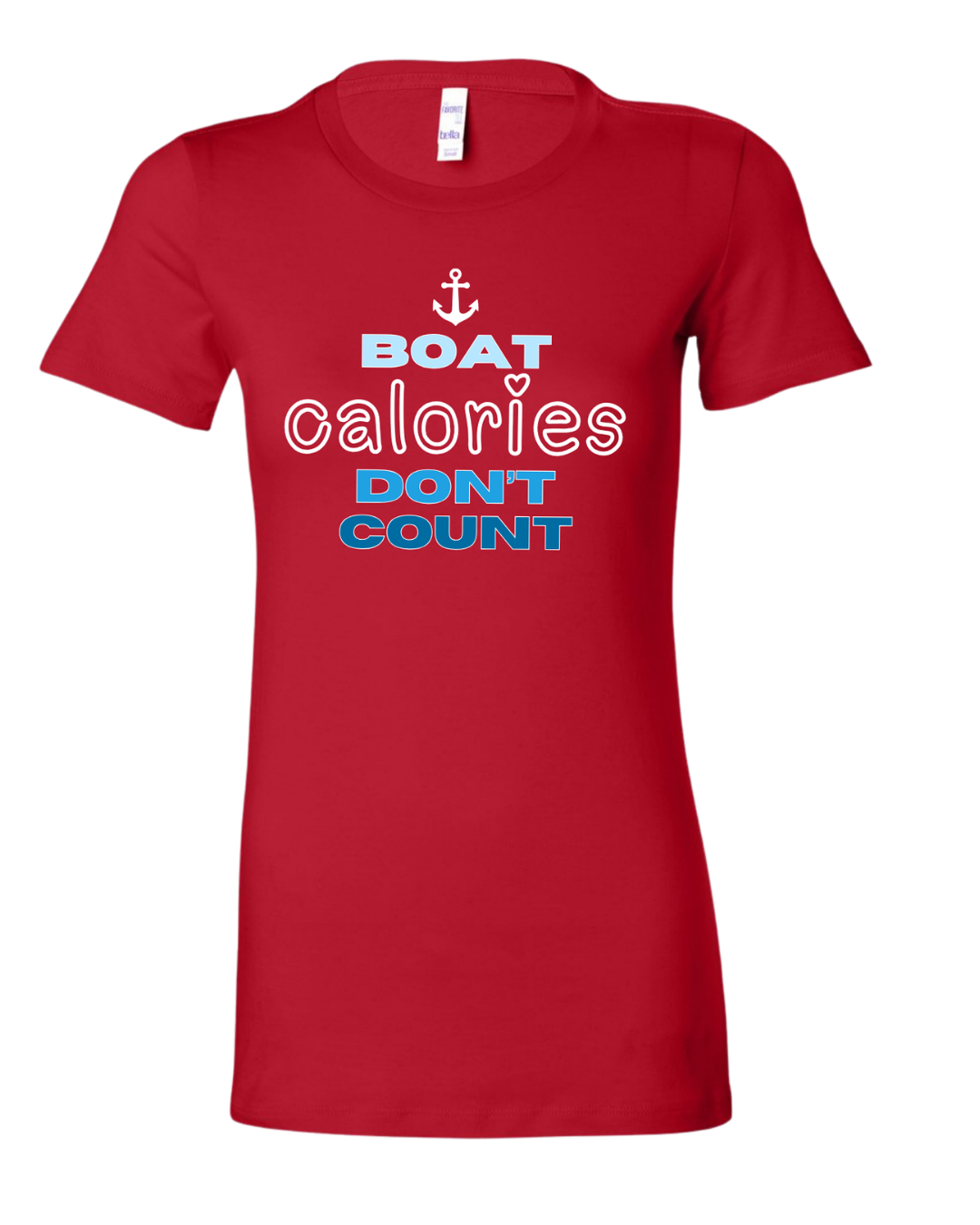 A red short-sleeve crewneck t-shirt with a graphic on the chest that reads 'BOAT calories DON'T COUNT' in white and blue lettering, accompanied by a small white anchor icon above. The shirt is displayed on a clean white background.
