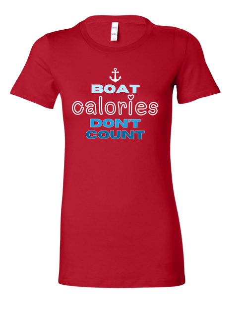 A red short-sleeve crewneck t-shirt with a graphic on the chest that reads 'BOAT calories DON'T COUNT' in white and blue lettering, accompanied by a small white anchor icon above. The shirt is displayed on a clean white background.