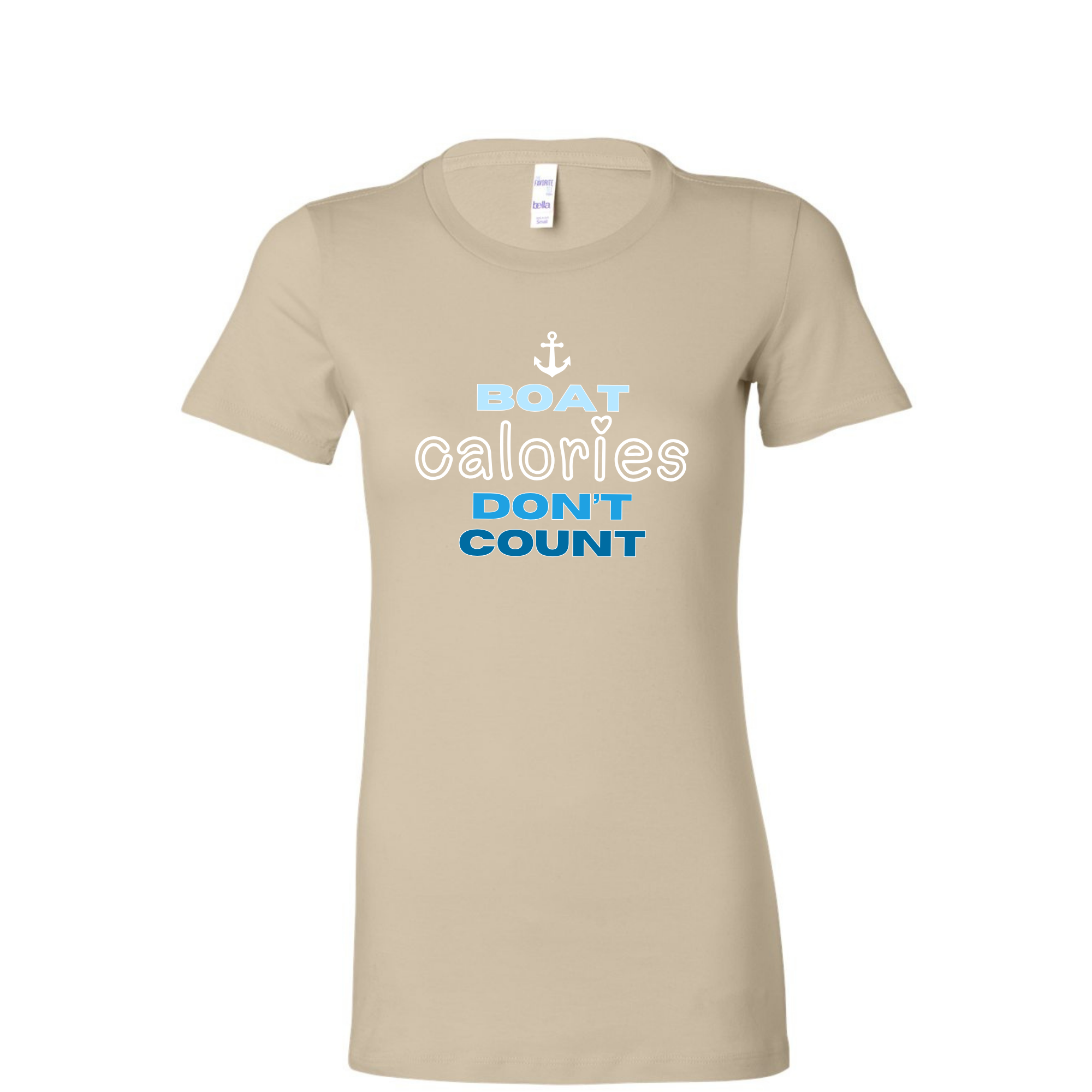 A beige short-sleeve crewneck t-shirt with a graphic on the chest that reads 'BOAT calories DON'T COUNT' in light blue and white text, accompanied by a small white anchor icon. The shirt is displayed on a clean white background.