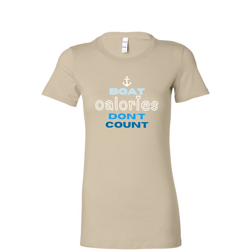 A beige short-sleeve crewneck t-shirt with a graphic on the chest that reads 'BOAT calories DON'T COUNT' in light blue and white text, accompanied by a small white anchor icon. The shirt is displayed on a clean white background.