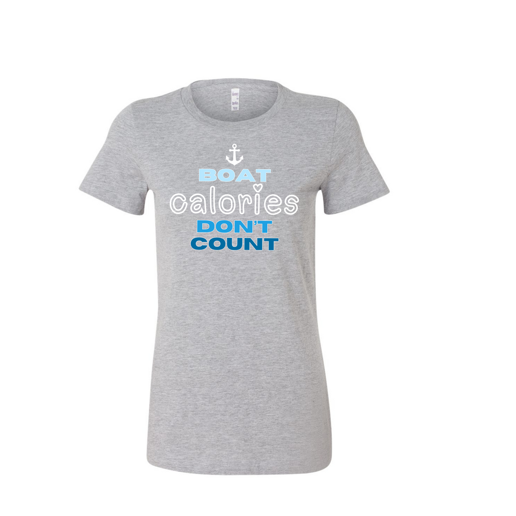 A women's heather gray short-sleeve t-shirt with a graphic on the chest that reads 'BOAT calories DON'T COUNT' in white and blue text with a small white anchor icon above, shown on a plain white background.
