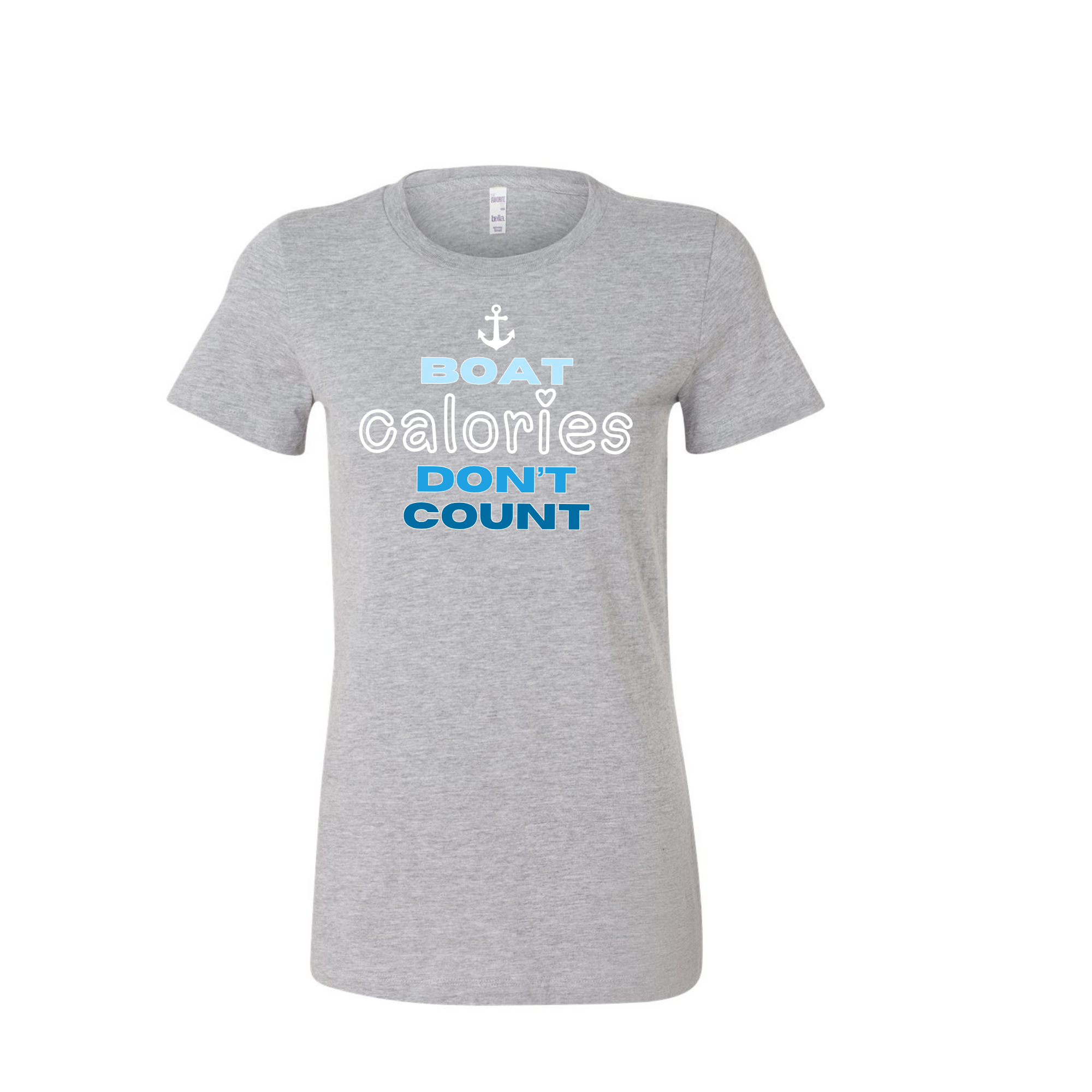 A women's heather gray short-sleeve t-shirt with a graphic on the chest that reads 'BOAT calories DON'T COUNT' in white and blue text with a small white anchor icon above, shown on a plain white background.