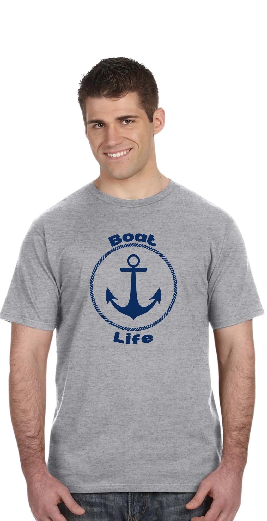 A man wearing a heather gray crewneck t-shirt with a navy blue anchor graphic and the words 'Boat Life' printed on the chest, set against a plain white background.
