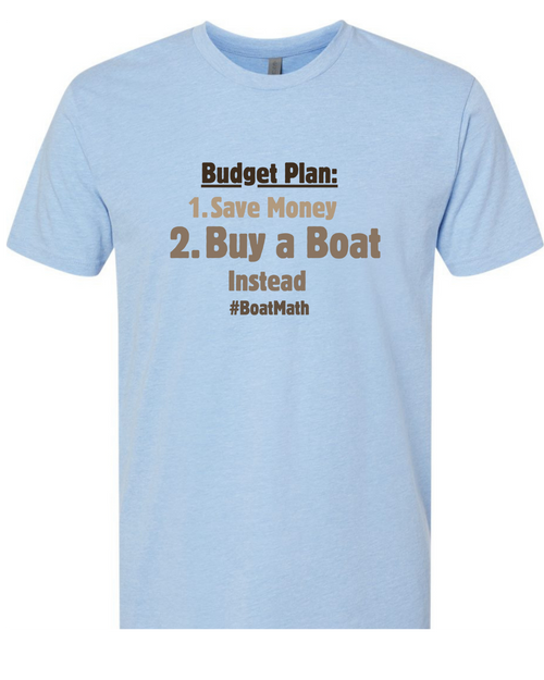 A light blue heather crewneck t-shirt with a humorous budget plan graphic printed on the chest that reads 'Budget Plan: 1. Save Money 2.