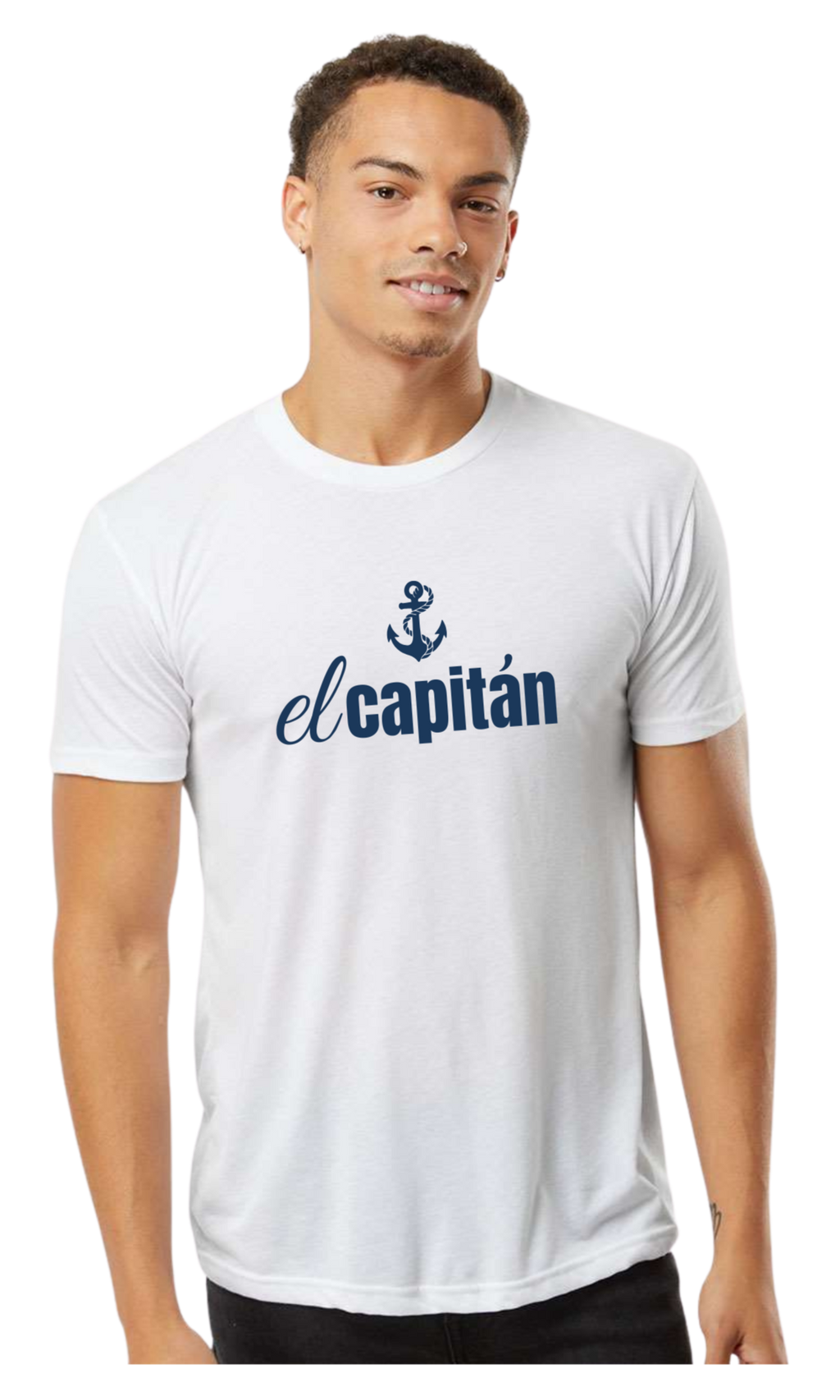 A man wearing a white short-sleeve t-shirt with a navy blue anchor graphic and the text 'el capitán' printed on the chest, set against a plain white background.
