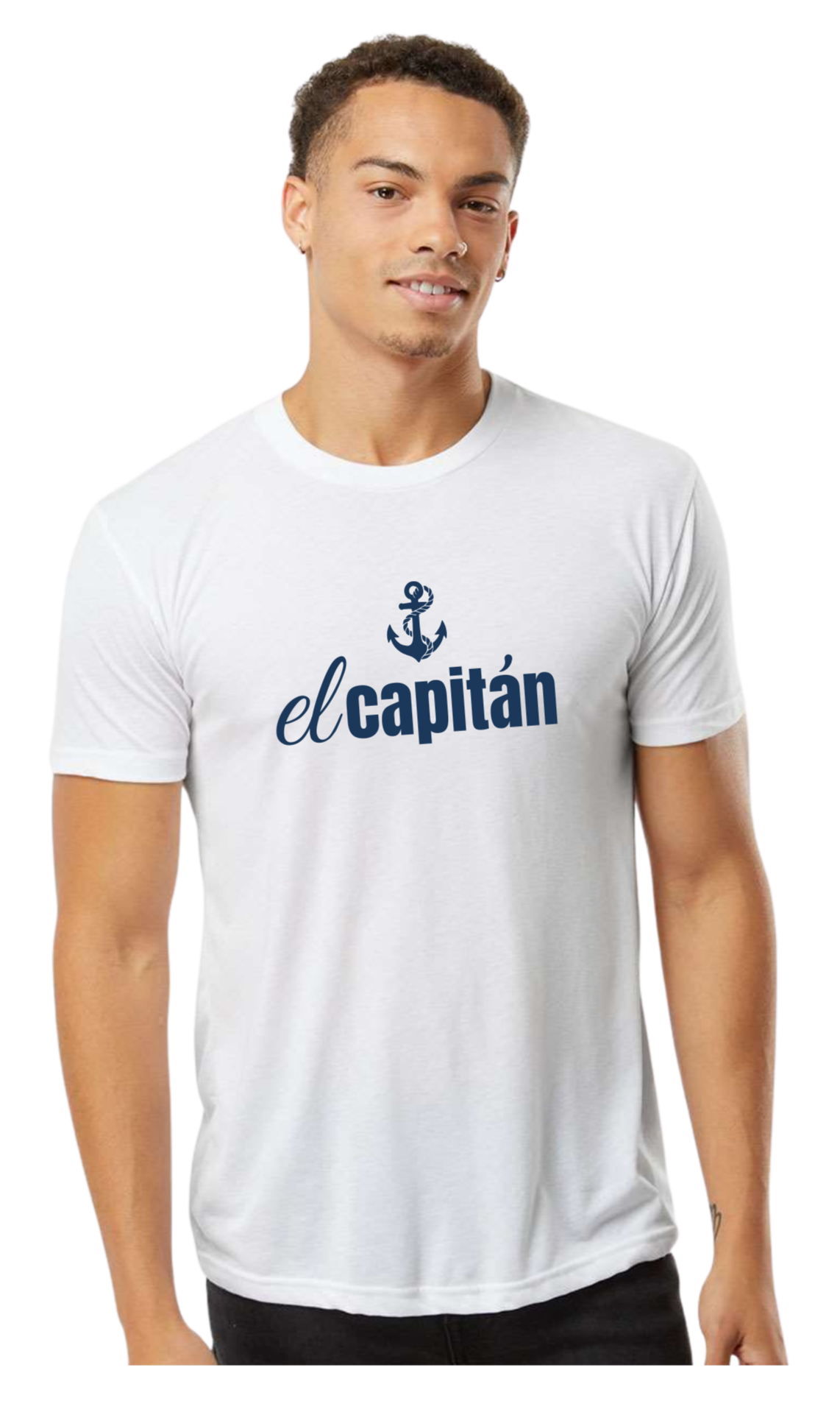 A man wearing a white short-sleeve t-shirt with a navy blue anchor graphic and the text 'el capitán' printed on the chest, set against a plain white background.