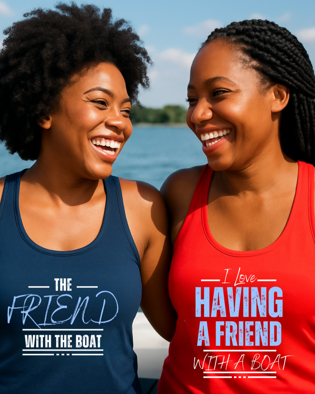 Two smiling women standing outdoors by the water, each wearing a racerback tank top with a slogan. The woman on the left wears a navy tank top that says 'THE FRIEND WITH THE BOAT,' and the woman on the right wears a red tank top that says 'I Love HAVING A FRIEND WITH A BOAT.