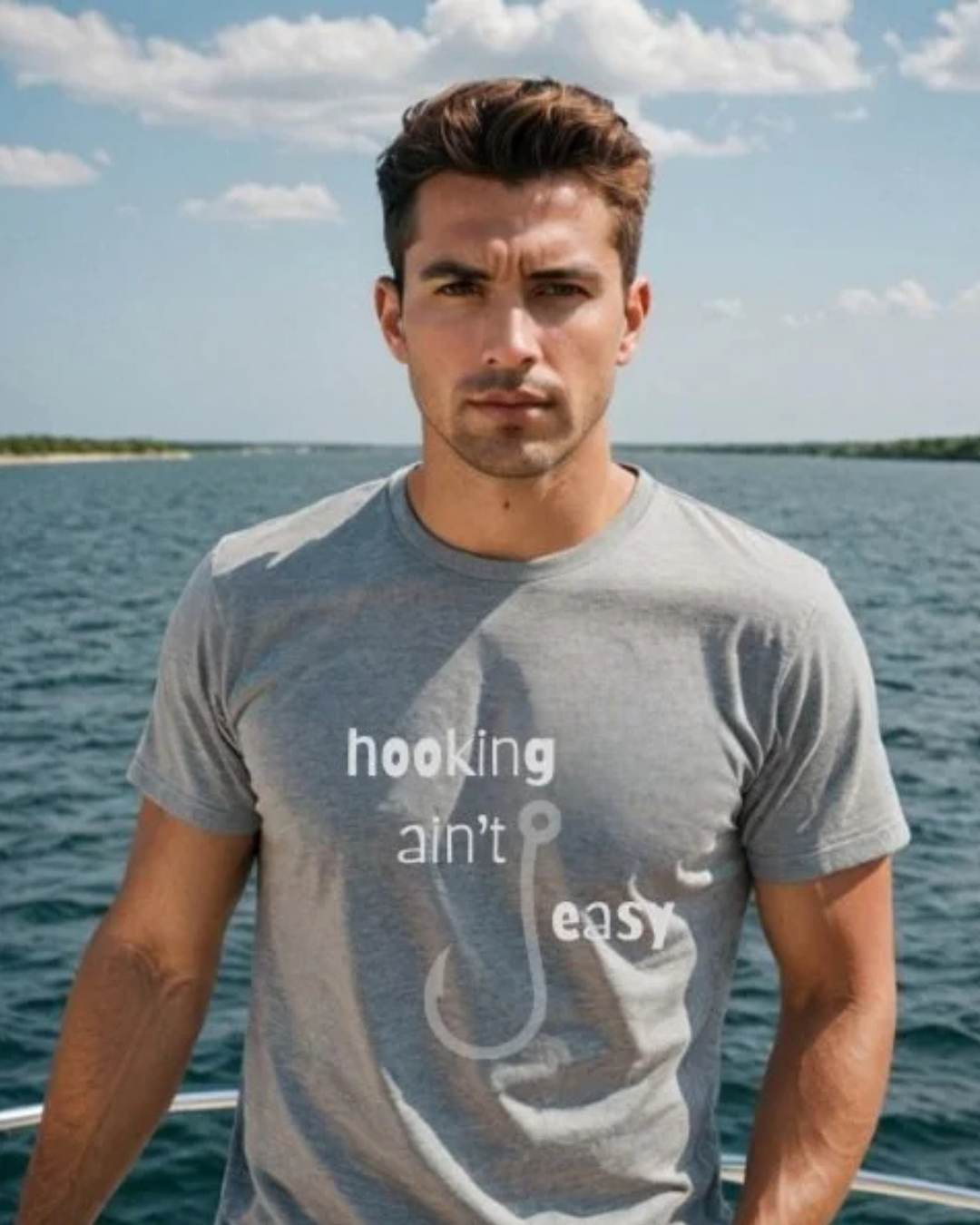 A man wearing a heather gray t-shirt with a white graphic print that reads 'hooking ain't easy' and shows a large fishing hook. He is standing on a boat with water and a cloudy sky in the background.