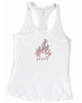 White racerback tank top featuring a rhinestone flame graphic and the word 'HOT' in matching rhinestones on the front, displayed against a plain white background.