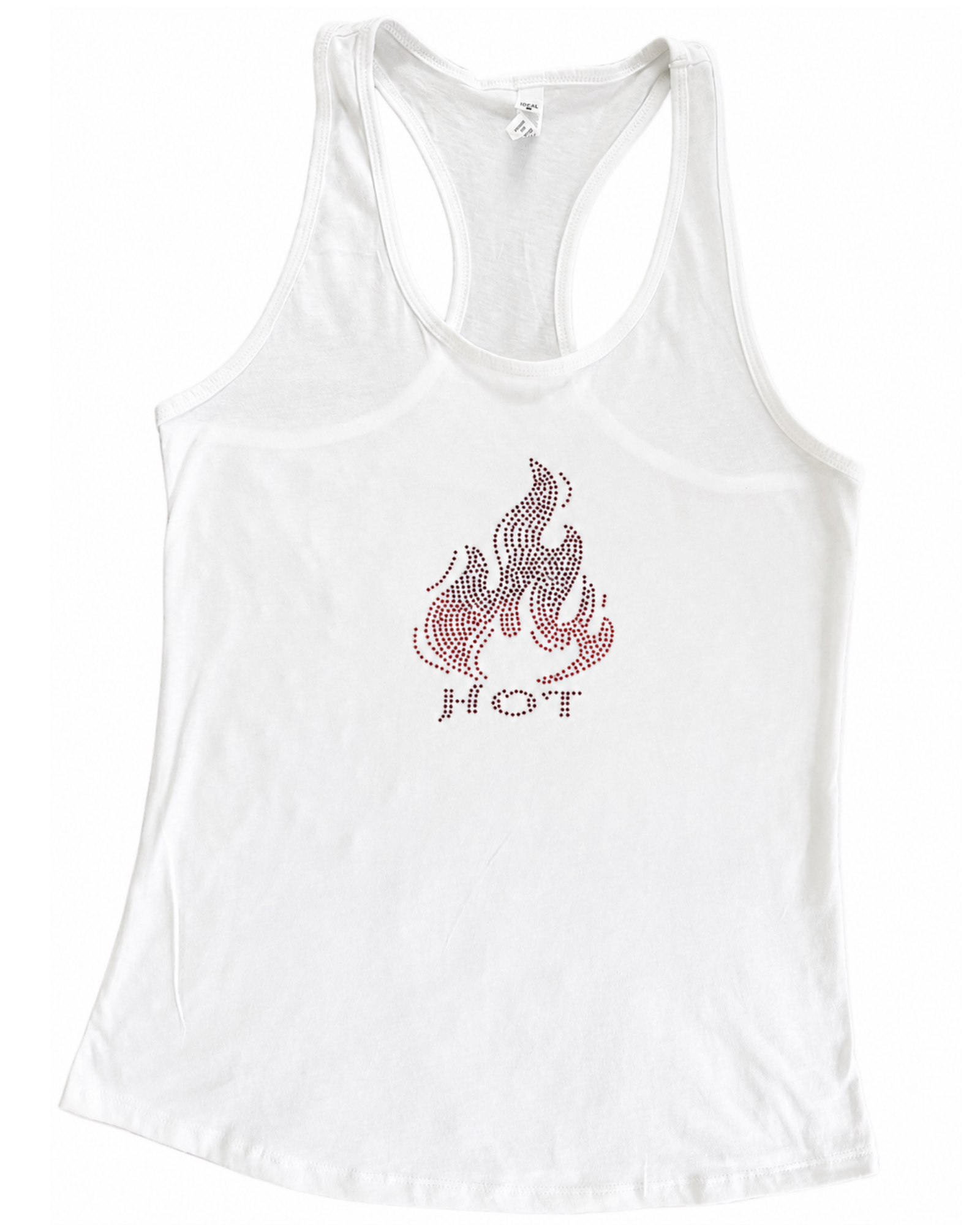 White racerback tank top featuring a rhinestone flame graphic and the word 'HOT' in matching rhinestones on the front, displayed against a plain white background.