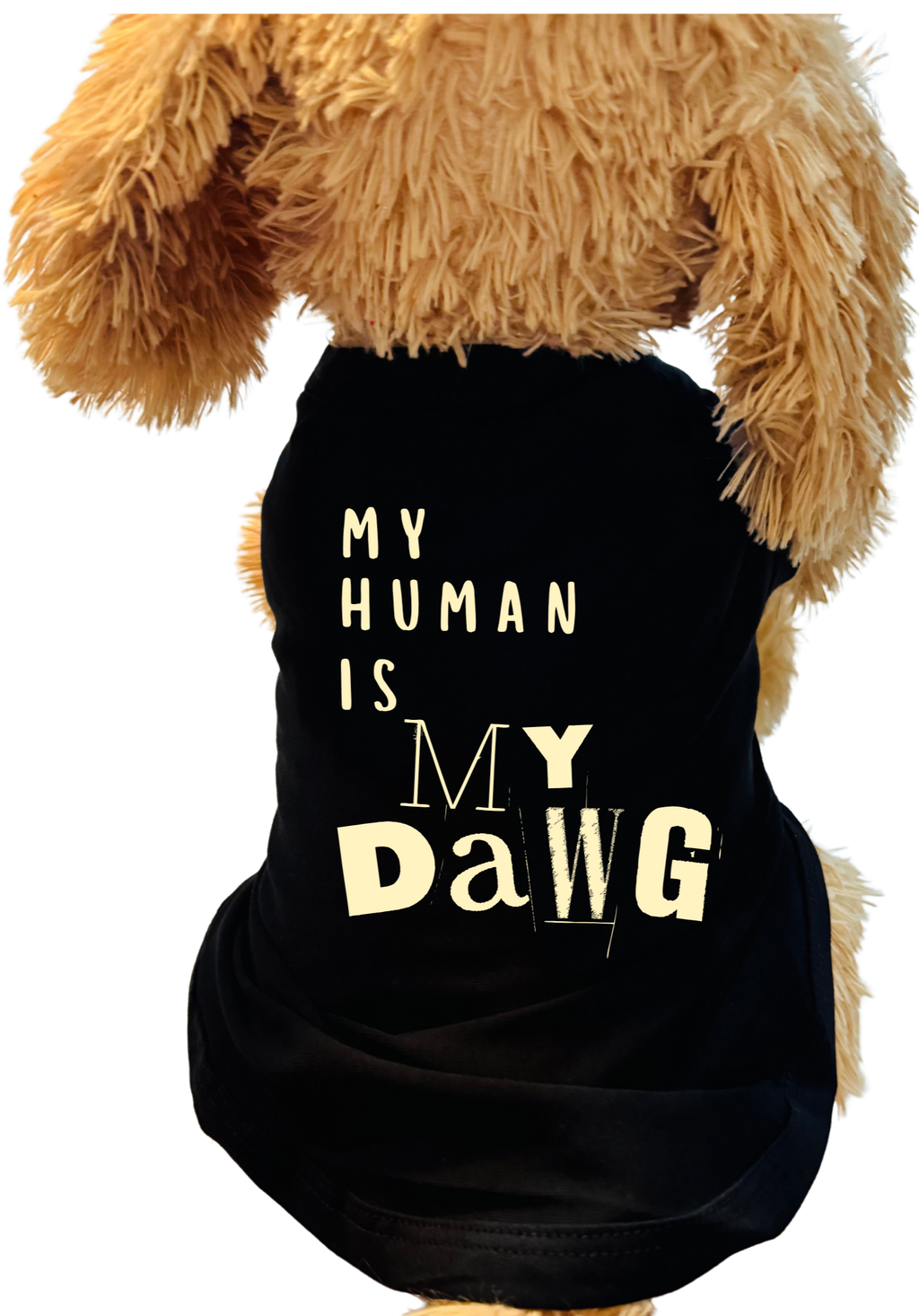 A black pet shirt with the text 'MY HUMAN IS MY DaWG' printed in cream lettering, shown on a brown plush dog toy against a white background.
