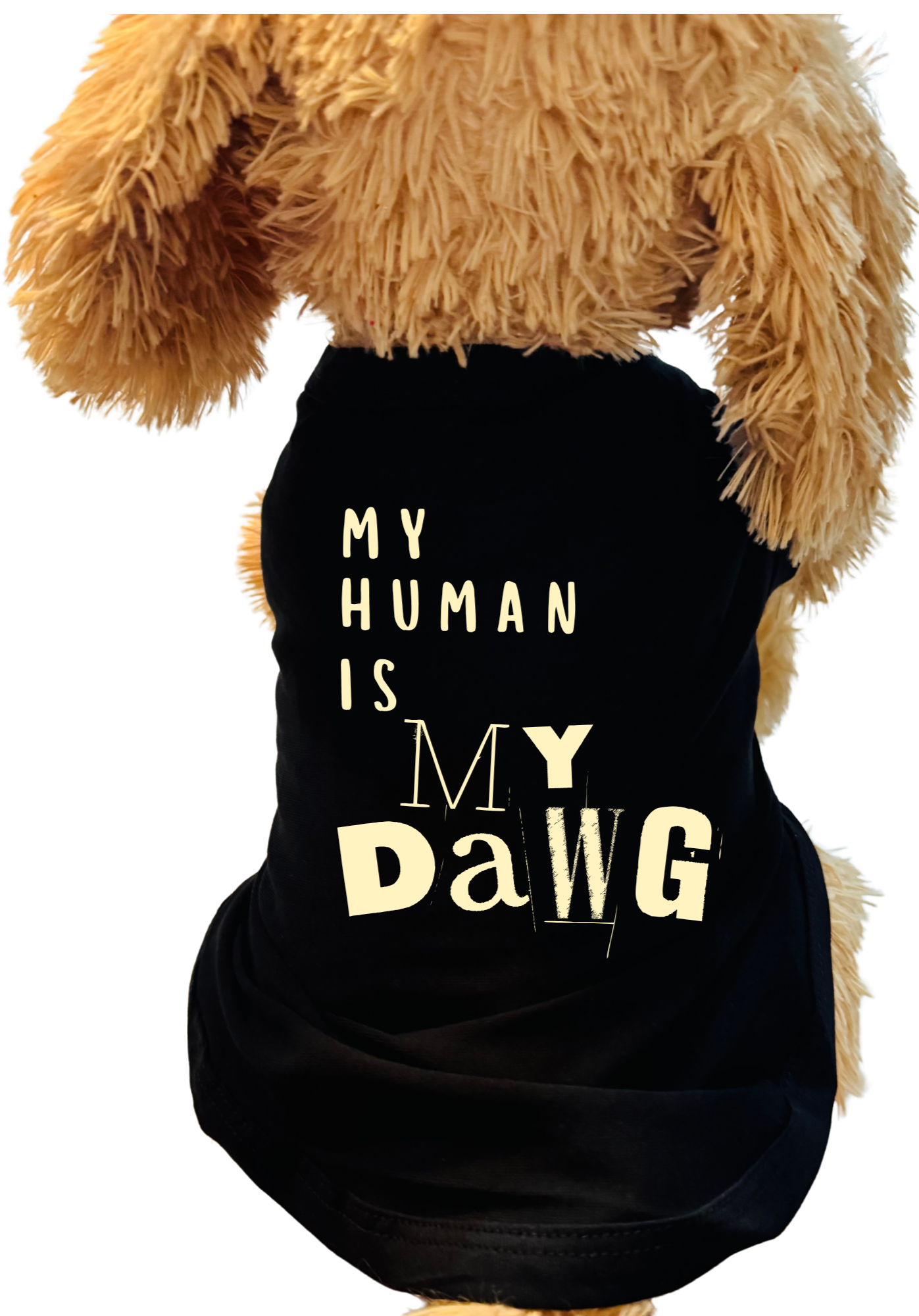 A black pet shirt with the text 'MY HUMAN IS MY DaWG' printed in cream lettering, shown on a brown plush dog toy against a white background.