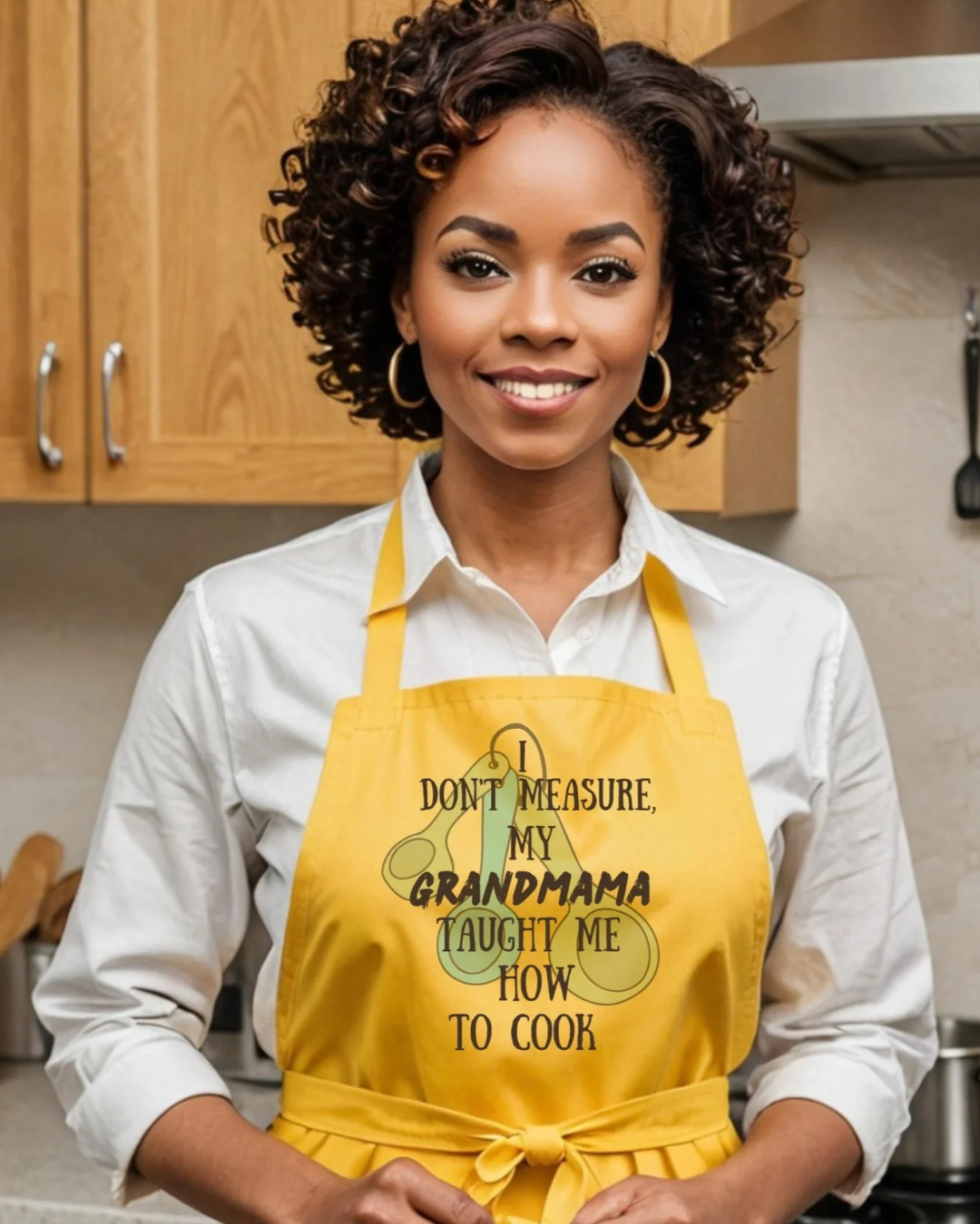 A smiling woman with curly dark hair stands in a kitchen wearing a white button-up shirt and a bright yellow apron with the printed phrase, 'I DON'T MEASURE, MY GRANDMAMA TAUGHT ME HOW TO COOK.'.
