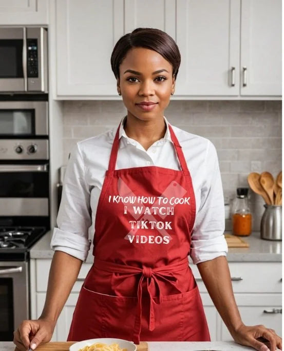 A woman wearing a red apron with the text 'I KNOW HOW TO COOK I WATCH TIKTOK VIDEOS' over a white shirt, standing in a modern kitchen.