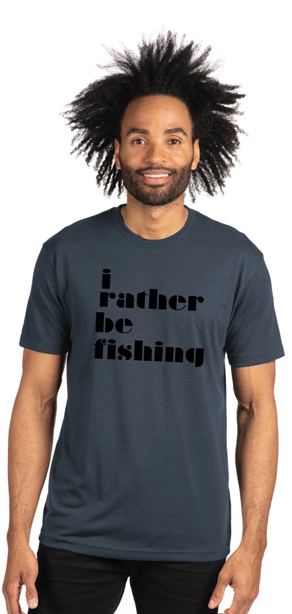 A man with a wild black afro is wearing a dark slate blue t-shirt with the text 'I rather be fishing' printed in black on the front, set against a plain white background.