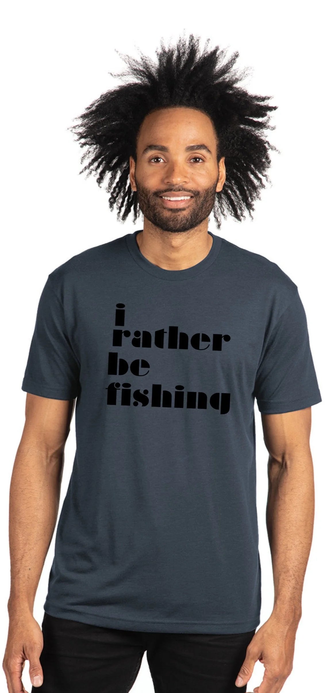 A man with a wild black afro is wearing a dark slate blue t-shirt with the text 'I rather be fishing' printed in black on the front, set against a plain white background.