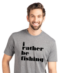 A smiling man with a beard wearing a heather gray t-shirt with the text 'i rather be fishing' printed in black lowercase letters, set against a plain white background.