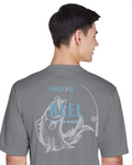 A man shown from the back wearing a gray t-shirt with a light blue and white graphic that reads 'keeping it REEL FISHING ACADEMY' with a fish and fishing rod design.