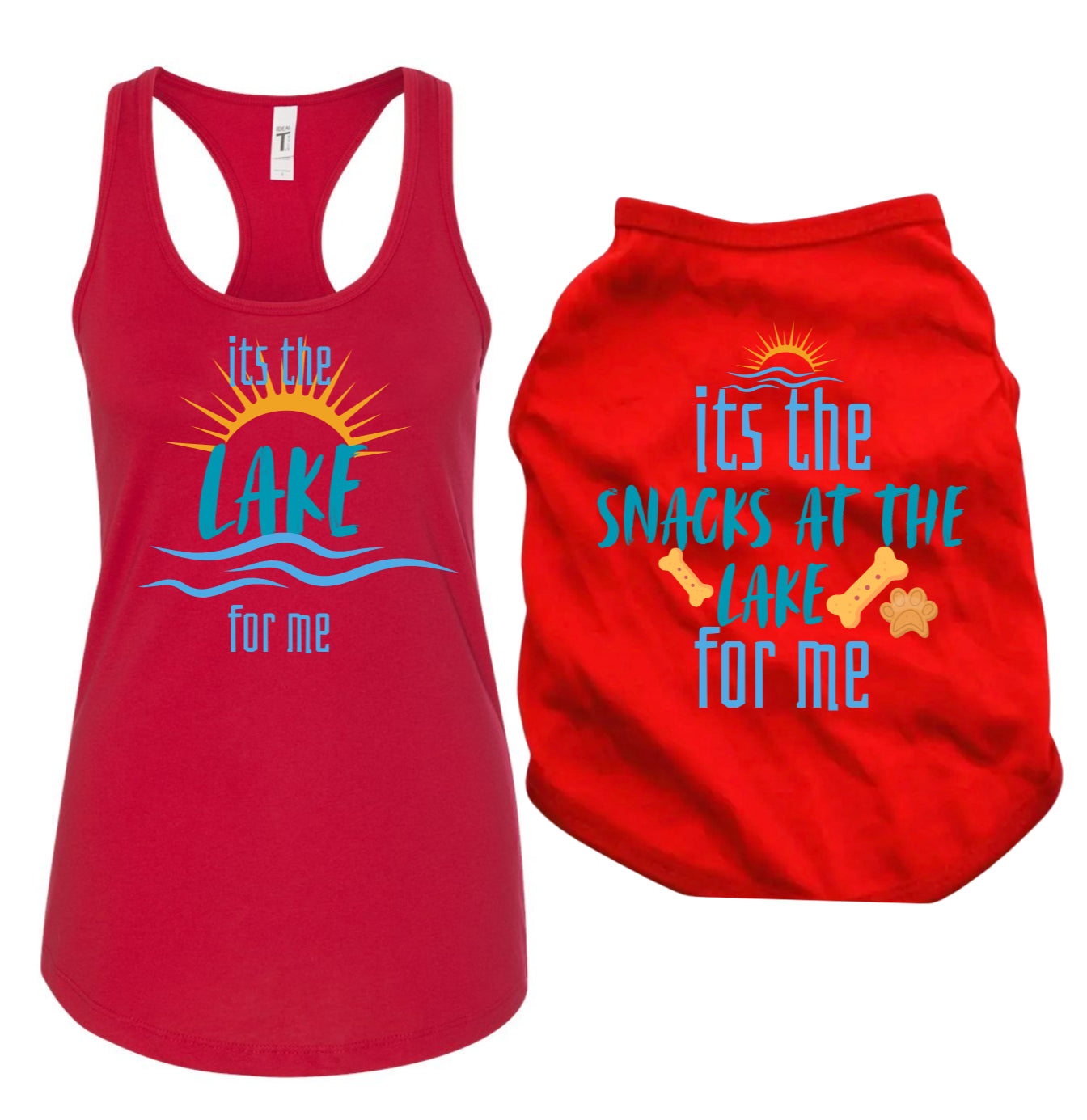 A matching pet apparel set consisting of a red racerback tank top and a red pet tee, both featuring a blue and yellow graphic. Dog reads 'its the LAKE snacks at the LAKE for me' with a sun, waves, and bone illustrations, tank reads "it's the lake for me" shown on a plain white background.