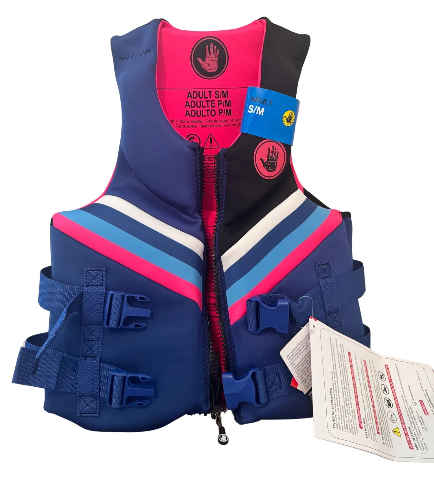A blue, pink, and black inflatable life vest with a front zipper, side straps, and a blue size tag, shown on a white background with an instruction sheet.