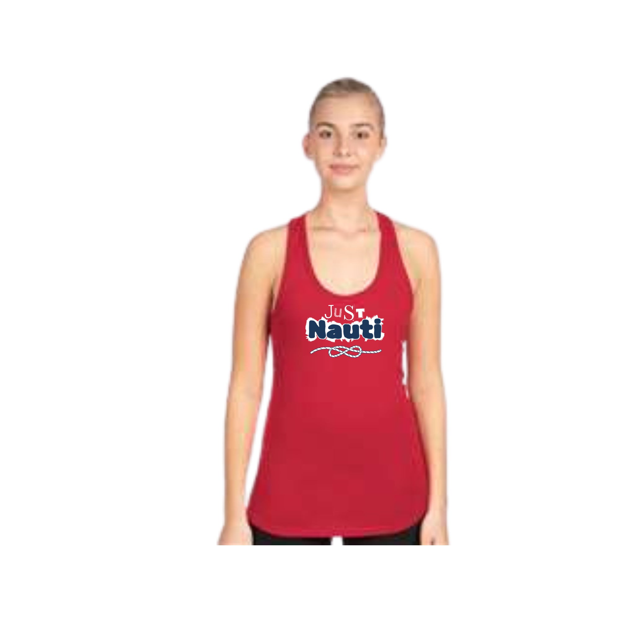 A woman modeling a red racerback tank top with a 'Just Nauti' graphic printed on the chest, set against a plain white background.