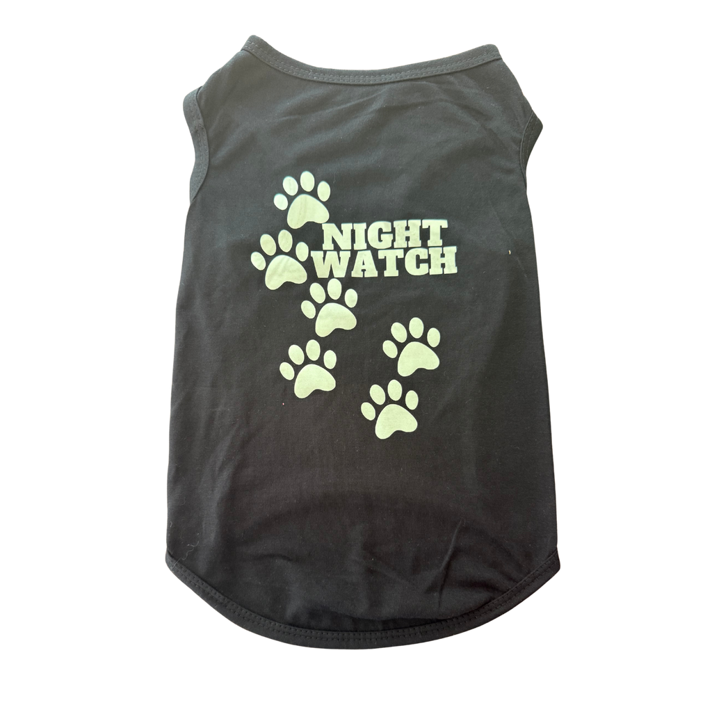 A dark gray sleeveless pet shirt with a 'NIGHT WATCH' graphic and paw prints on the back, displayed against a plain white background.