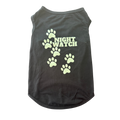 A dark gray sleeveless pet shirt with a 'NIGHT WATCH' graphic and paw prints on the back, displayed against a plain white background.