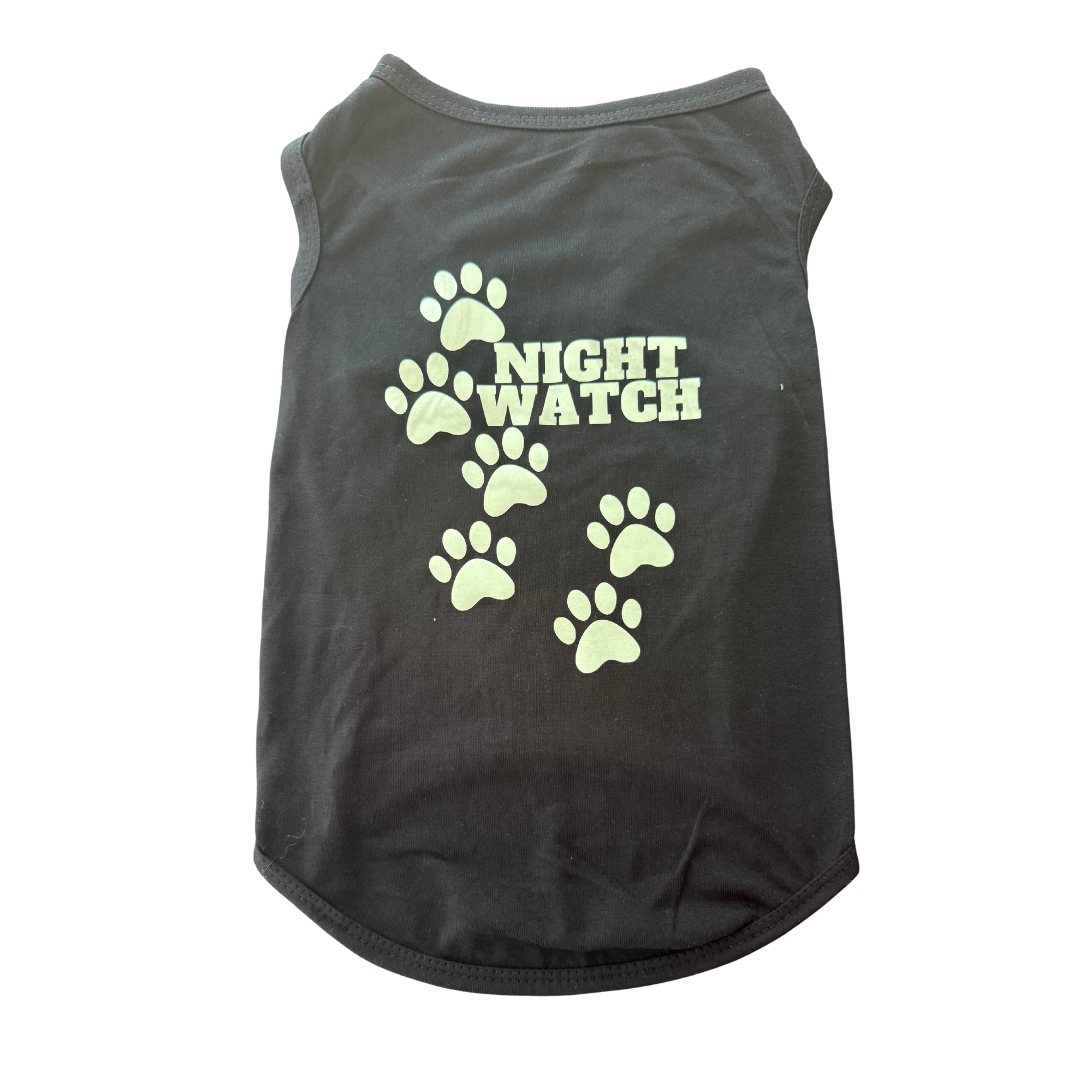 A dark gray sleeveless pet shirt with a 'NIGHT WATCH' graphic and paw prints on the back, displayed against a plain white background.
