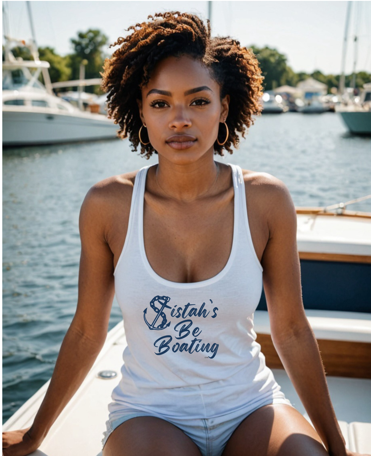 A woman with curly brown hair sits on a boat wearing a white tank top with the text 'Sistah's Be Boating' in navy blue script. The background shows a marina with water, boats, and trees.