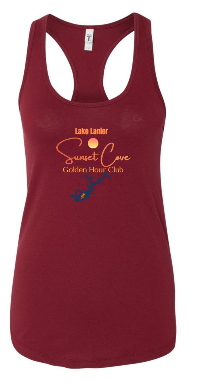 Red women's racerback tank featuring 'Lake Lanier Sunset Cove Golden Hour Club' graphic with a sunset and Lake Lanier map, perfect for boating and lake life."