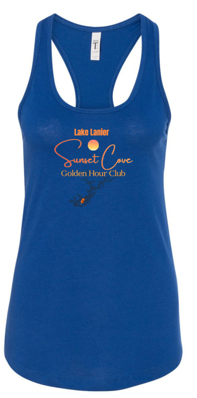 Royal blue women's racerback tank featuring 'Lake Lanier Sunset Cove Golden Hour Club' graphic with a sunset and Lake Lanier map, perfect for boating and lake life."