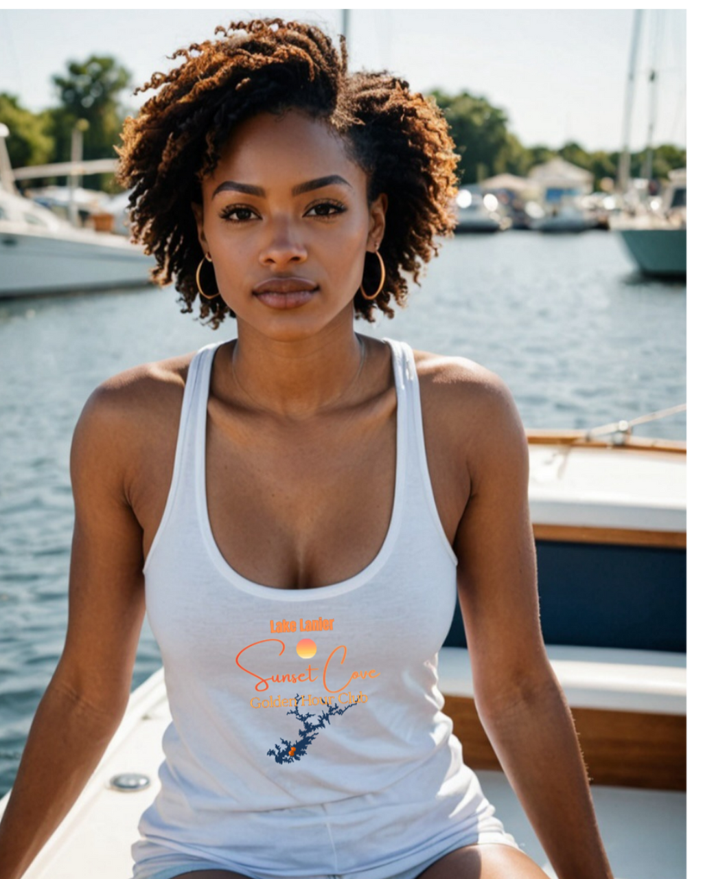 woman wearing white racerback tank top featuring 'Lake Lanier Sunset Cove Golden Hour Club' graphic with a sunset and Lake Lanier map, perfect for boating and lake life."