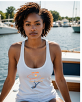 woman wearing white racerback tank top featuring 'Lake Lanier Sunset Cove Golden Hour Club' graphic with a sunset and Lake Lanier map, perfect for boating and lake life."