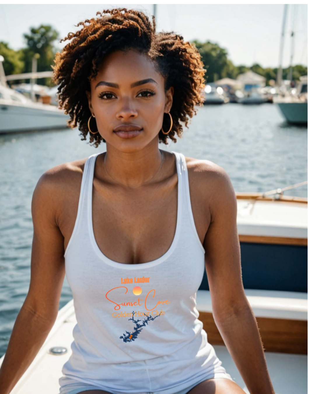 woman wearing white racerback tank top featuring 'Lake Lanier Sunset Cove Golden Hour Club' graphic with a sunset and Lake Lanier map, perfect for boating and lake life."