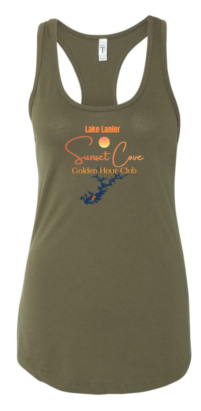 "Olive green racerback tank with Lake Lanier Sunset Cove Golden Hour Club graphic featuring a sunset and lake map."