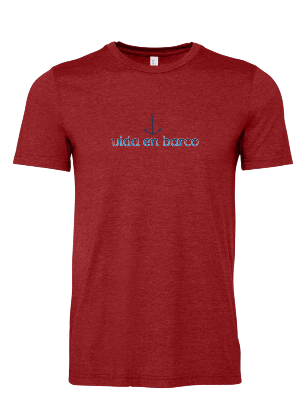A heather red short-sleeve crewneck t-shirt with a blue graphic on the chest depicting an anchor above the text 'vida en barco'.
